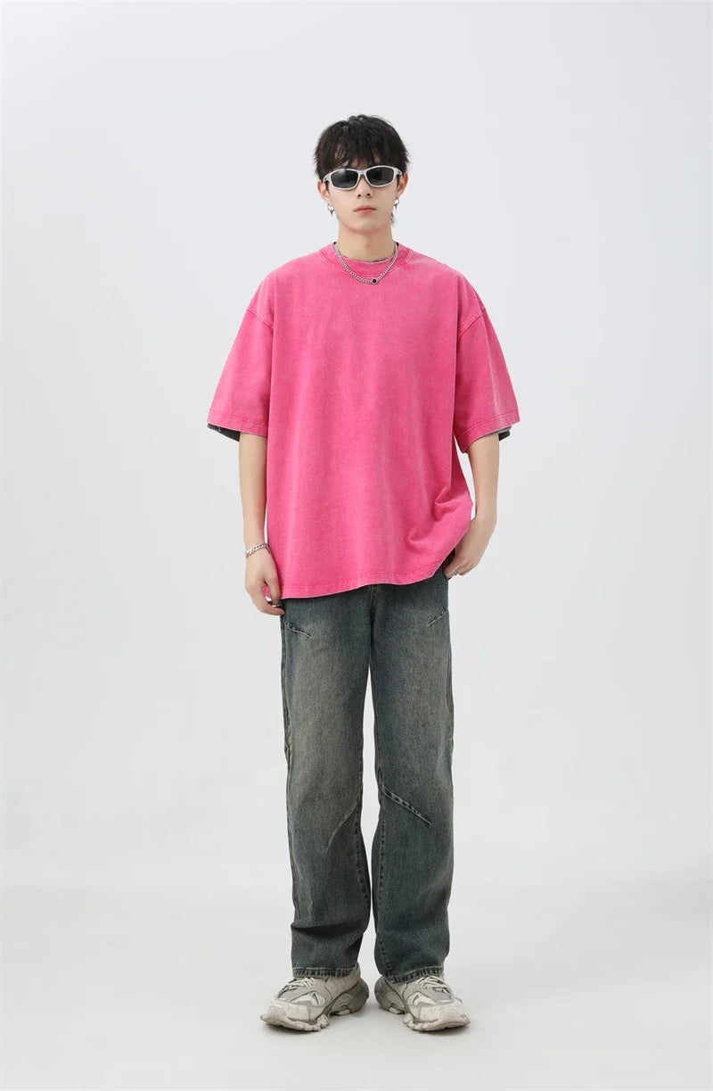 Japanese Korean Style Stir Fried Snowflake Washed T-Shirts Men Women Cotton Heavyweight Summer Hip Hop Streetwears Short Sleeved