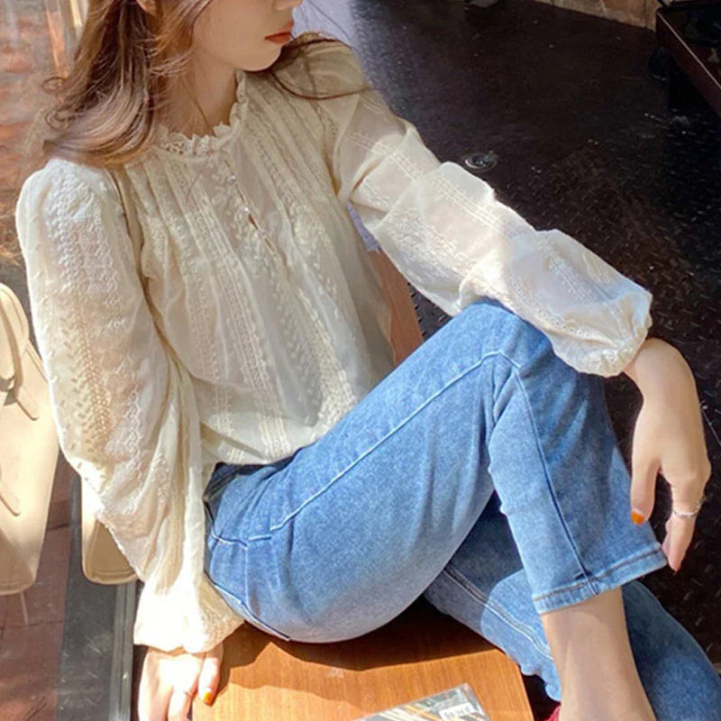 New Chic Spring Autumn  Lace Women Fashion Blouse Long Sleeve Casual Elegant Office Loose Shirt Collar Elegant Top Clothes