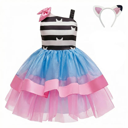 Summer Dress with Headband for Girls Gabby Cat Striped Sleeveless Dress Children Birthday Dress Gabby Dollhouse Cosplay Costume