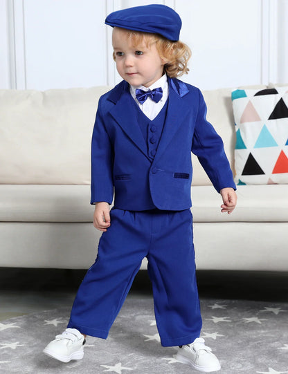 Baby Boy Baptism Outfit Infant White Christening Suit with Hat Toddler Wedding Birthday Party Clothing Long Sleeved Tuxedo 5PCS