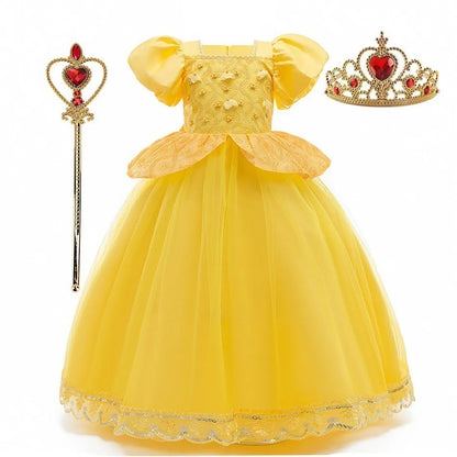Girl Princess Dress Beauty And Beast Cosplay Costume Belle Praty Yellow Luxury Wedding Ball Gown Kid Carvinal Fancy Clothes