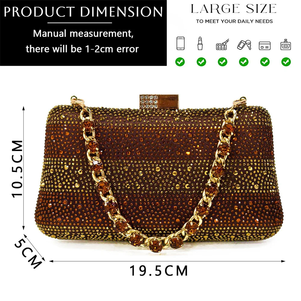 High Heels Shoes for Women Embroidery Rhinestone Italian Design Gold Color Pointed Toe Shoes and Bags Set Fashio