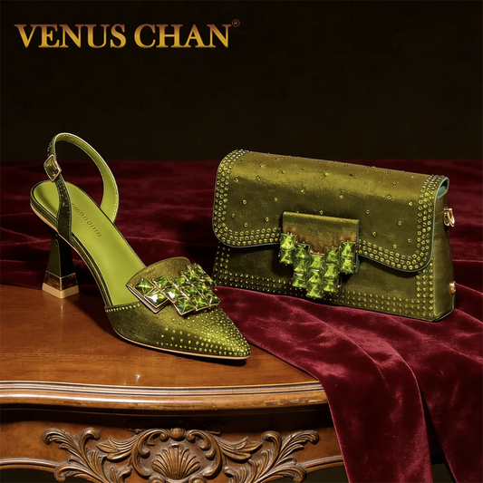 Italian Design Olive Green rhinestone Pointed-Toe Women's High Heels & Matching Bag Set - Ideal for Parties & Weddings