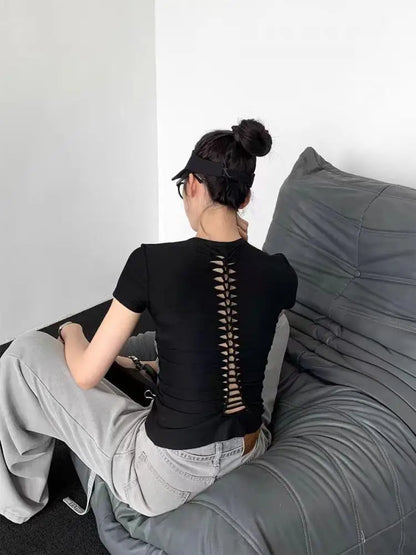 Back Hollow Out Solid Women's T-shirt Korean Fashion Short Sleeve Slim Streetwear Summer Tops Soft Tees Female Clothing