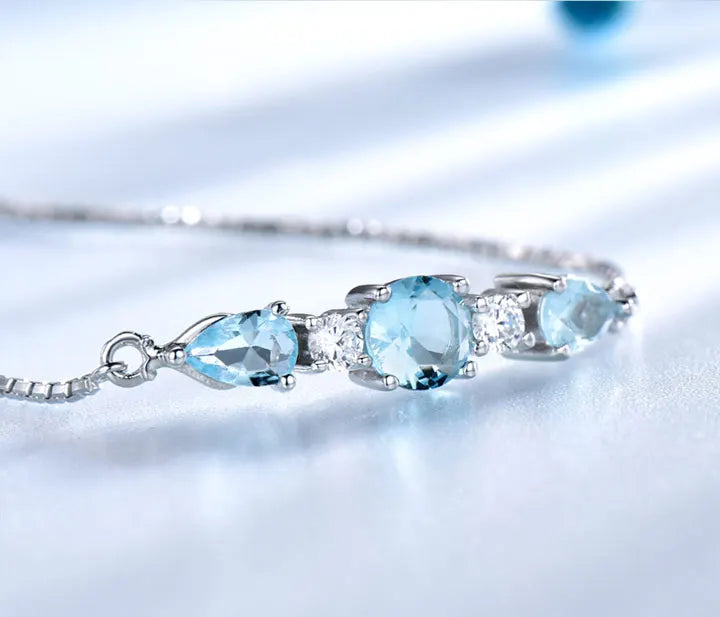 925 Sterling Silver Bracelets Adjustable Bangle Nano Blue Topaz Bracelet Round Pear Bracelets for Woman Wedding