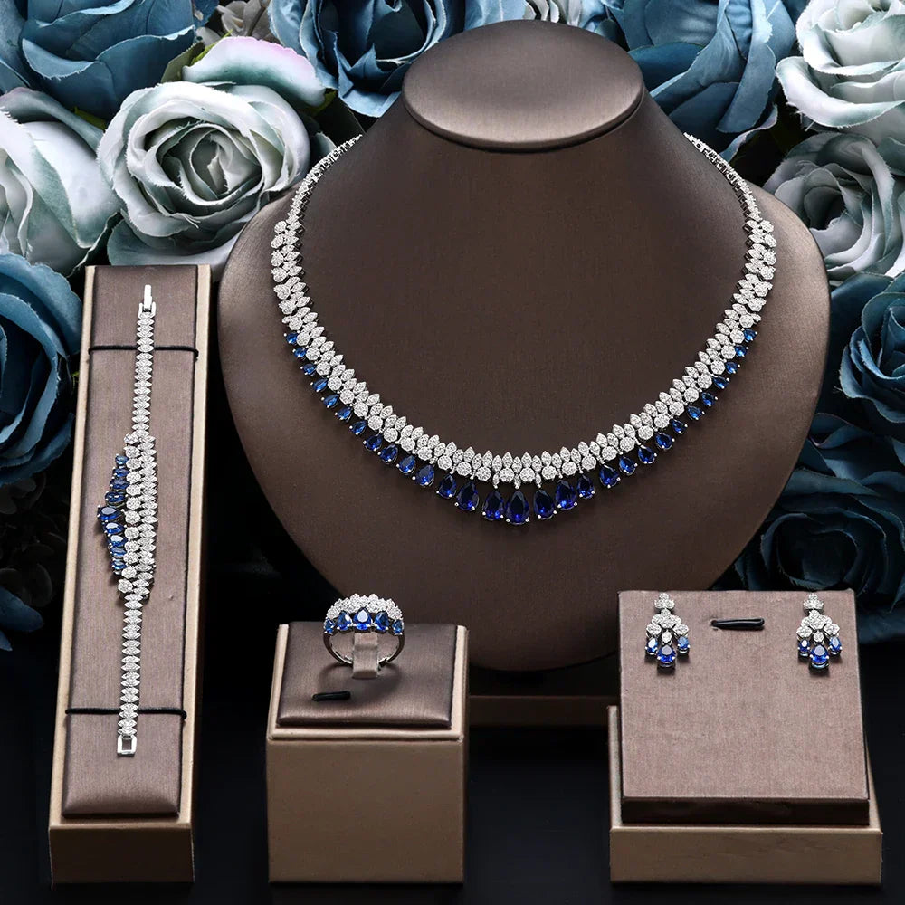 Luxury White Cubic Zirconia Bridal Jewelry Set Brides Accessories Tassel Water Drop Necklace Earring 4pcs Set for Wedding Party