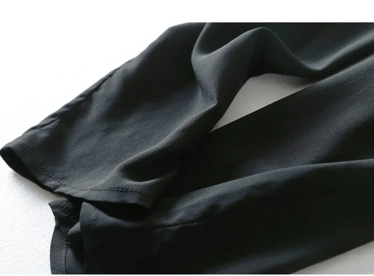 Women Long Pants 100% Mulberry Silk Belted Waist Trousers With Pockets Black Color Office Lady M0609