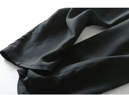 Women Long Pants 100% Mulberry Silk Belted Waist Trousers With Pockets Black Color Office Lady M0609