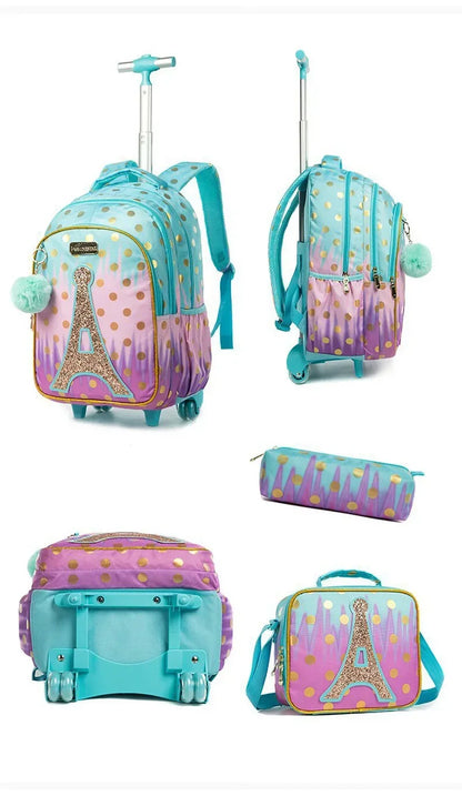Children's Wheeled Backpack Bag Set with Lunch Box School Rolling Backpack Bag with Wheels School Trolley Backpack Bag for Girls