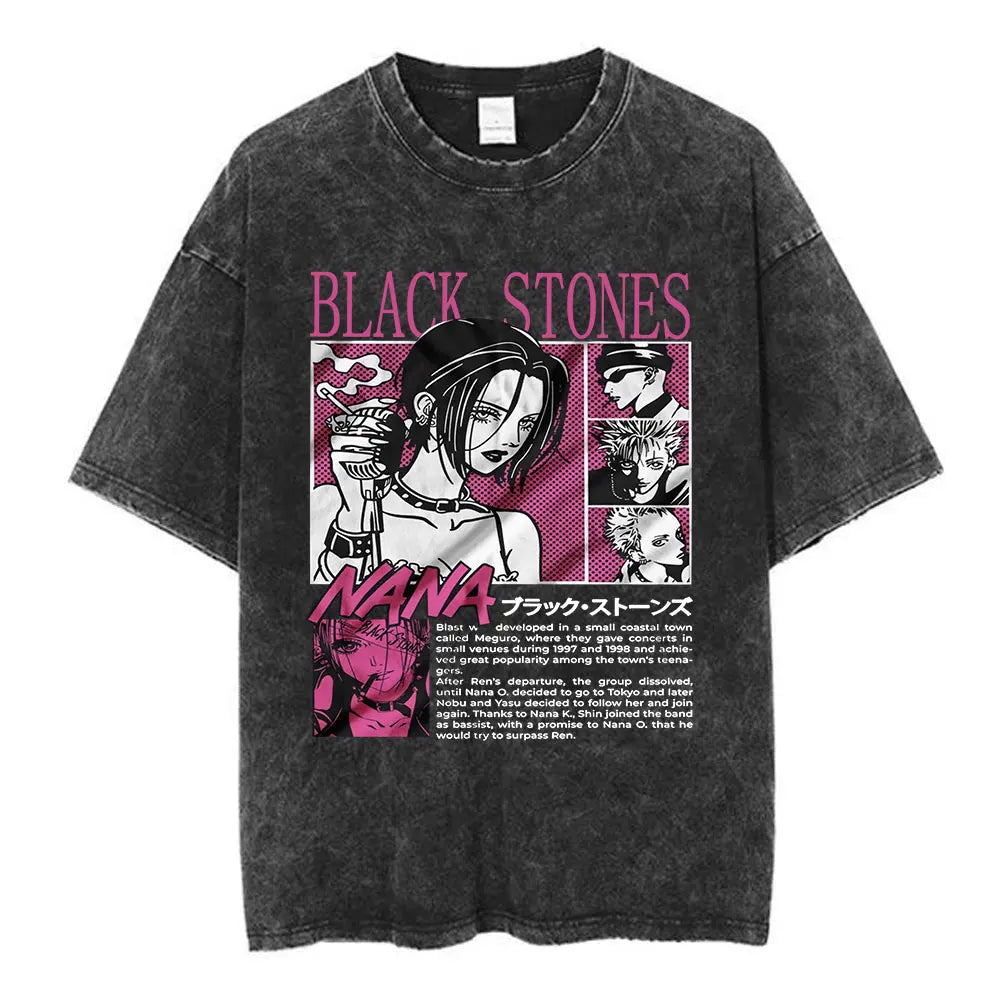 Nana Osaki Japanese Anime Vintage Washed T-shirt Men's Women Clothing Harajuku Short Sleeve T-shirts 100% Cotton Casual T Shirts