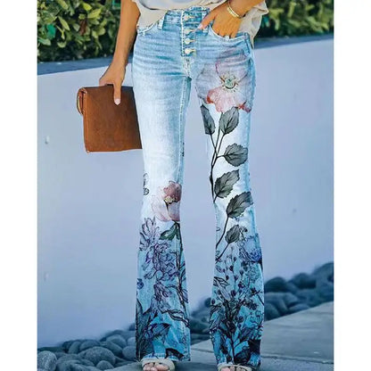 Women's Y2K Vintage Denim Long Pants Floral Print Four Button Front High Waist Flared Jeans Trousers with 2 Pockets