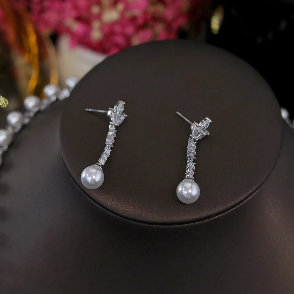 Pearl Necklace For Women Luxury High Quality Flower Shape 2 Pieces Clear Cubic Zircon Female Jewelry Sets Wedding Party Gifts