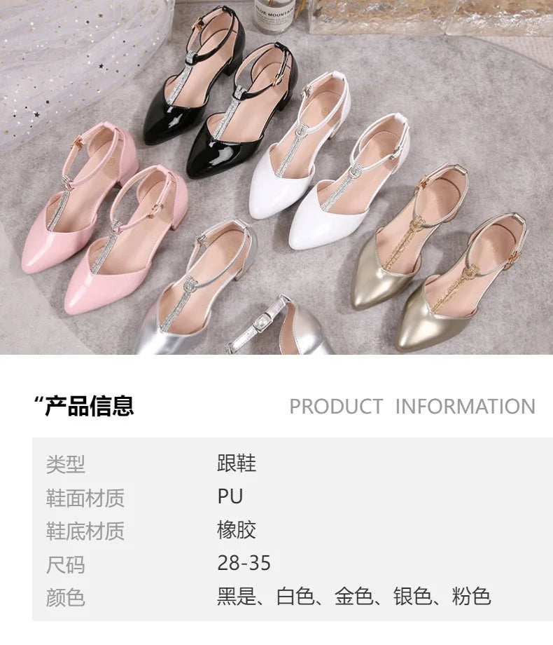 Children's Thick Heel Sandals Summer New Pointed-toe Girls' Crystal Princess Shoes Fashion Children's High-heeled Leather Shoes
