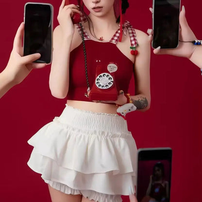 Korean Fashion Mini Skirt Women Elastic High Waist Ruffle Layered Balletcore Sexy Cute Lolita Y2K Short Skirt