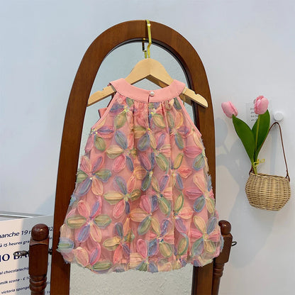 Girl Dress 2025 Summer New Girl Dress Princess Dress Little Girl Fashion Colorful Flower Yarn Dresses Kid Clothes