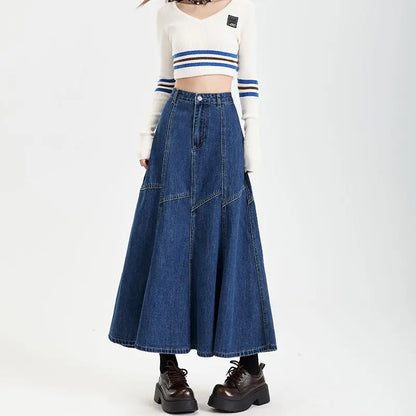 Women Blue A-line Denim Skirt Vintage Aesthetic Y2k Patchwork New Jean Skirt Harajuku Korean Cowboy Skirts 2000s Clothes Summer