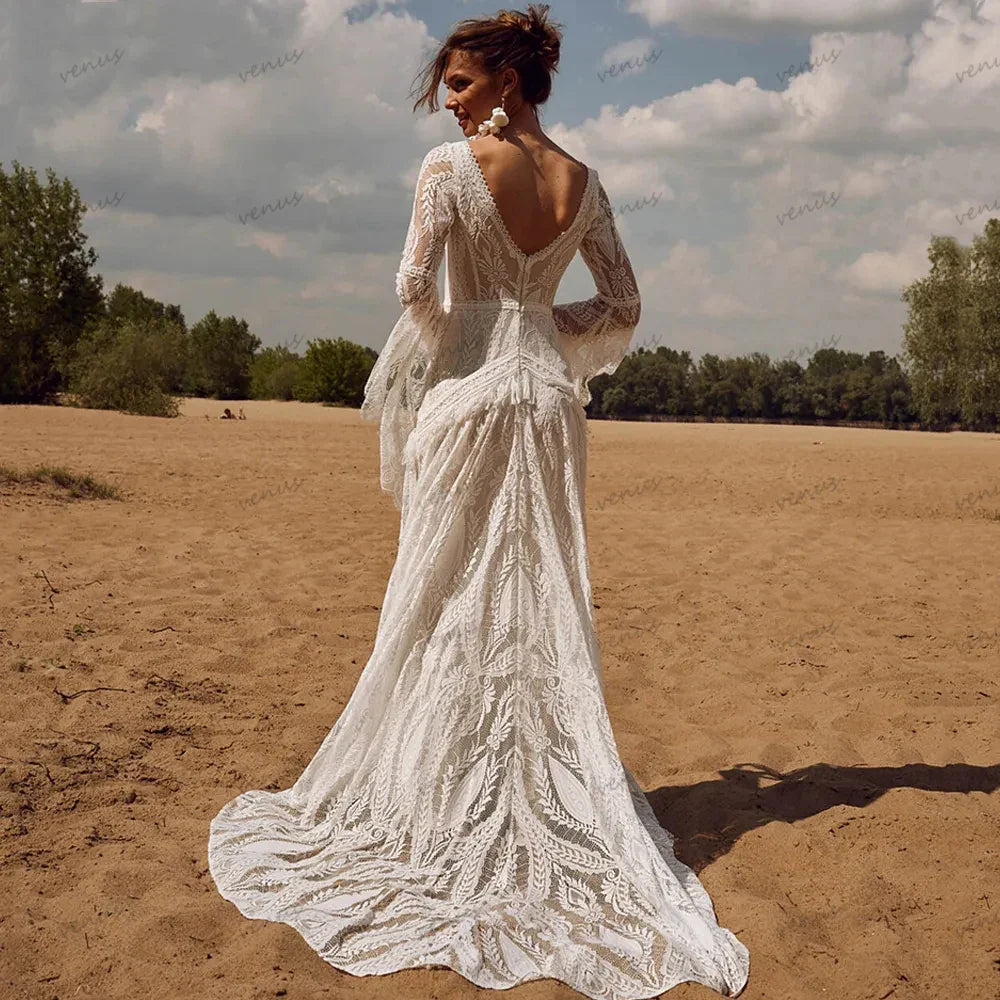 Vintage Wedding Dresses For Women 2024 V-Neck Backless Bridal Gowns Flare Sleeves Lace Robe Vestidos De Novia Customized