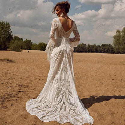 Vintage Wedding Dresses For Women 2024 V-Neck Backless Bridal Gowns Flare Sleeves Lace Robe Vestidos De Novia Customized