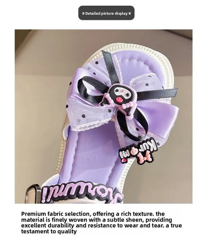 Kids'Sandals Kuromi PU Leather Bow Flat Spring Shoes For Girls Anti-slip Soft Thick Bottom White Black Shoes Size 25-36