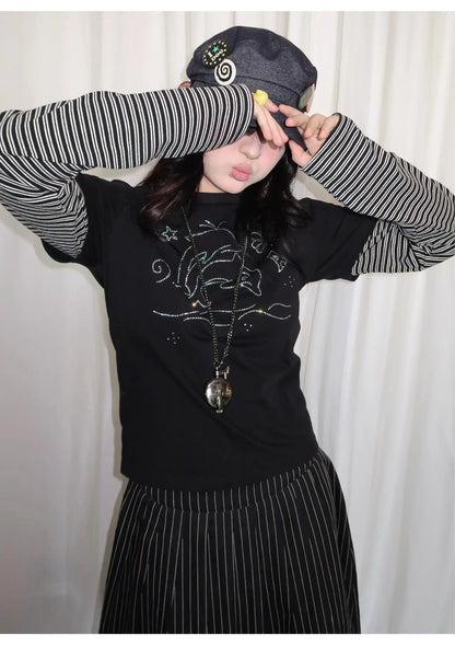 Y2k Vintage T-shirt Women Long Sleeve Patchwork Japanese 2000s Grunge Tops Streetwear American Retro Print Graphic Tops