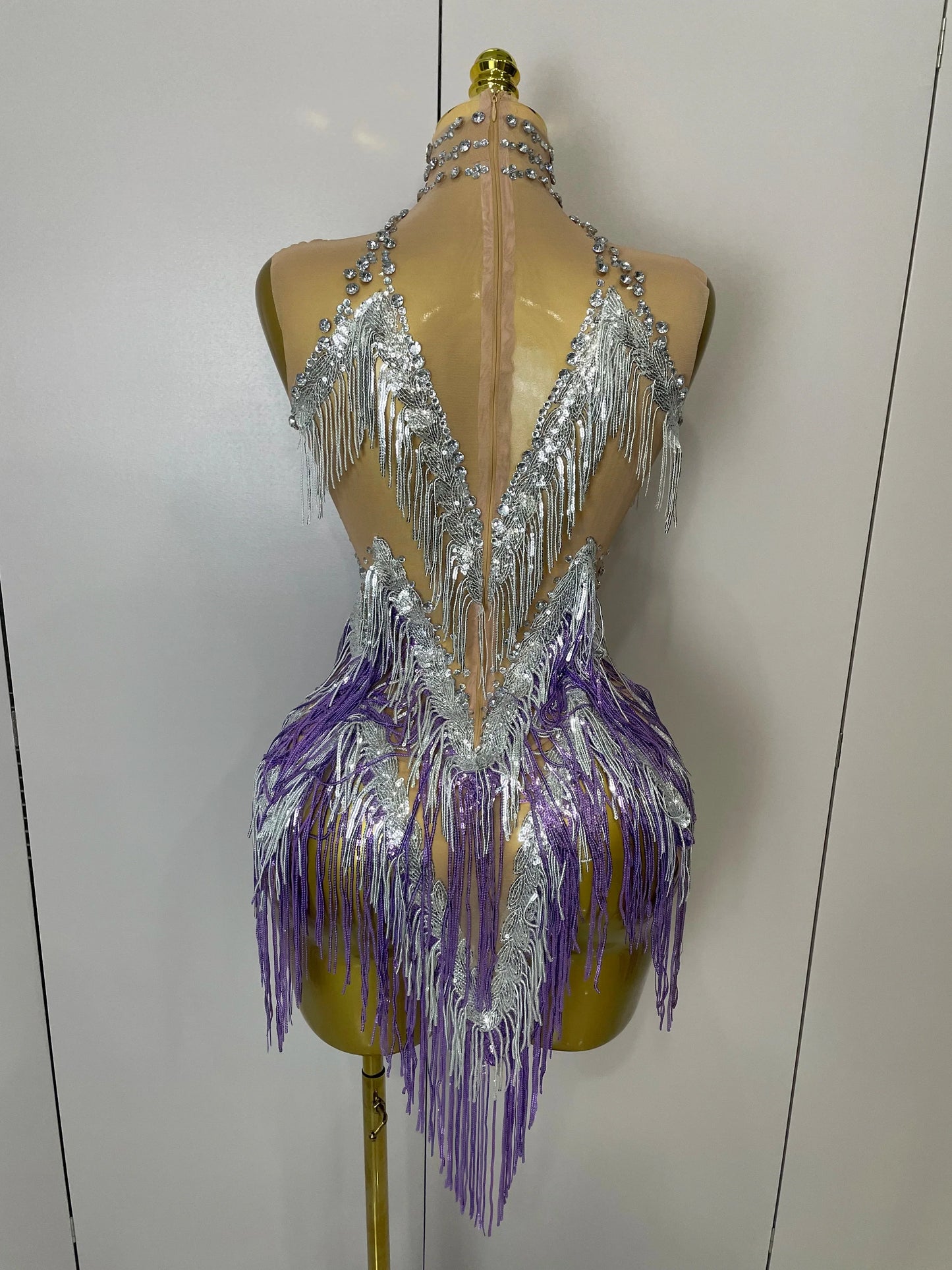Women Sexy Stretch Mesh Sparkly Rhinestone Tassels Mini Dress Nightclub Singer Dance Stage Costume Evening Gowns