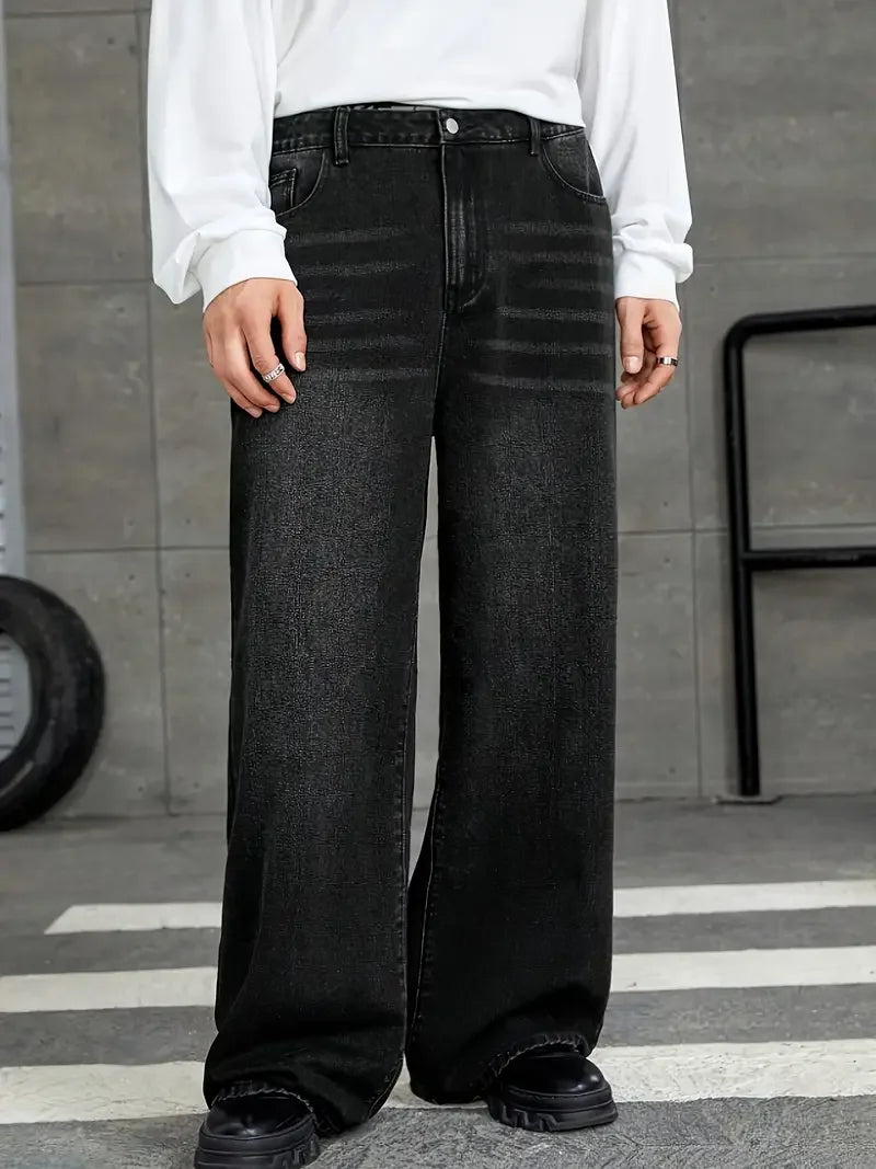 Men'S Loose Fit Black Denim Wide Leg Jeans with Raw Wash Detail - Comfortable, Versatile All-Season Wear, Casual Denim Jeans| fl