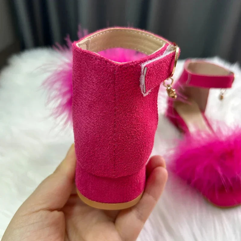 New Girls Low-heels Sandals Summer Fluffy Kids Princess Catwalk Shoes Open-toe Versatile Children Fashion Wedding Party Sandals