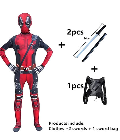 PU SwordHigh Quality Deadpool Child Costume Kid Halloween Cosplay Costume Deadpool Kids Suit Jumpsuit deadpool Child Costume