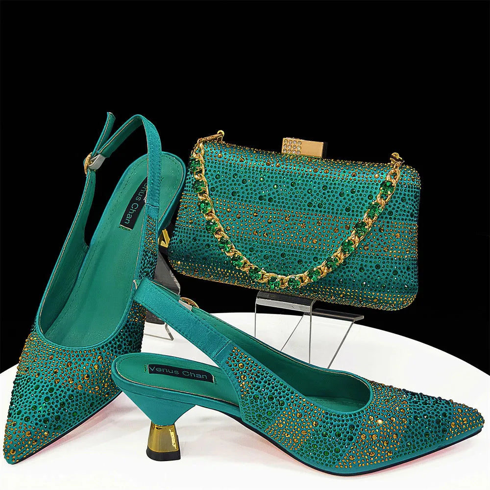 Elegant High Heels Shoes and Bag Set for Women Pointed Toe Black Color Hollow Rhinestones Matching Bag