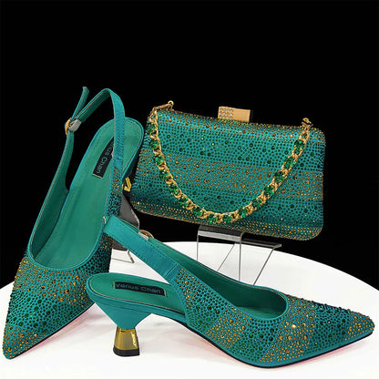 Elegant High Heels Shoes and Bag Set for Women Pointed Toe Black Color Hollow Rhinestones Matching Bag