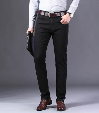 Brand Classic Style Men's Wine Red Jeans Fashion Business Casual Straight Denim Stretch Trousers Male Denim Pants Korean reviews