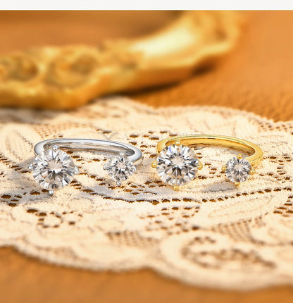 Two Stone Round Cut Moissanite Ring for Women 100% S925 Silver Personalized Open Rings Daily Wear Korean Style Jewelry