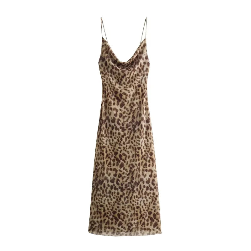 Leopard Print Tulle Slip Dress Woman Backless Summer Long Dresses For Women Vintage Sexy Party Dresses Midi Holiday Dress