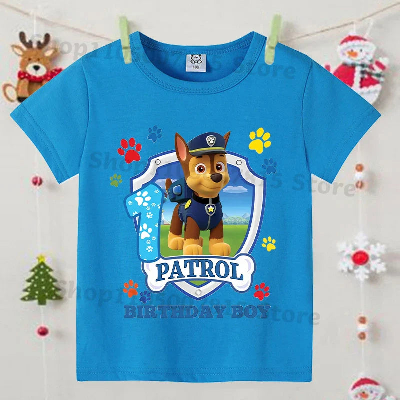 Paw Patrol Blue T-shirts for Boys Anime Cartoon Cute Birthday Clothing Children Summer Fashion Short Sleeved Shirt Kids Clothes