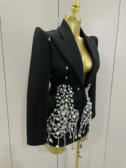 Crystal Chains Pearls Long Sleeve Mini Dress 2025 Women Birthday Evening Party Nightclub Outfit Singer Wedding Costume