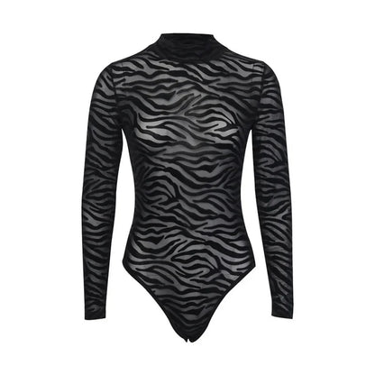 Black Striped Sexy Bodysuit Lingerie See Through Mesh Body Feminino Long Sleeve One-pieces Bustier Turtleneck Corset Tops Women