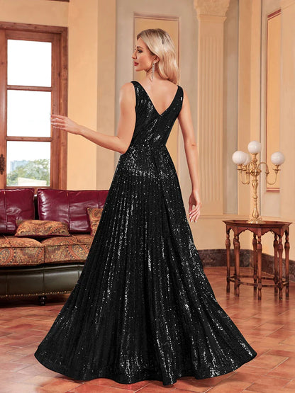 Luxury V-Neck Black Sleeveless Formal Evening Dresses Women Sequins Wedding Party Prom Maxi Cocktail Dresses Vestidos