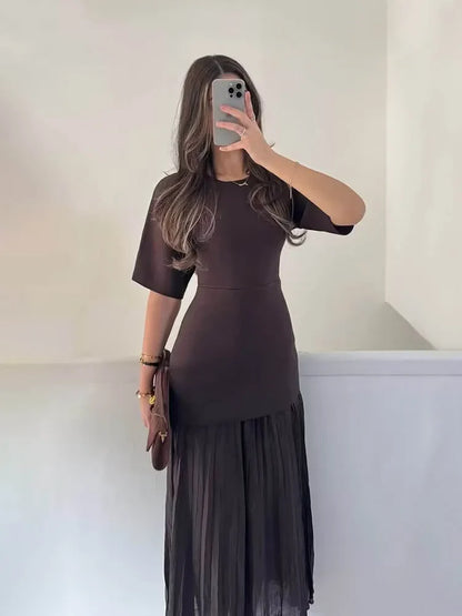 Women Elegant Half Sleeves O-Collar Pleated Dress Spring Woman Rear Zipper Splicing Vintage Casual Knitted Long Dress
