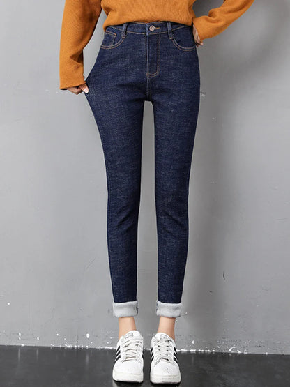 Women's Thick Velvet Jeans, Stretch High Waist Pencil Pants