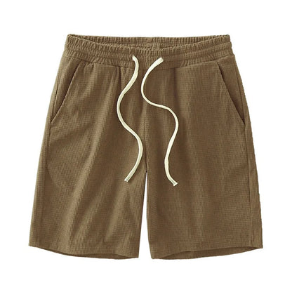 Men Shorts Solid Color Mid Waist Summer Motion Waffle Texture Deep Crotch Drawstring Male Shorts Loose Knee Length Casual Short