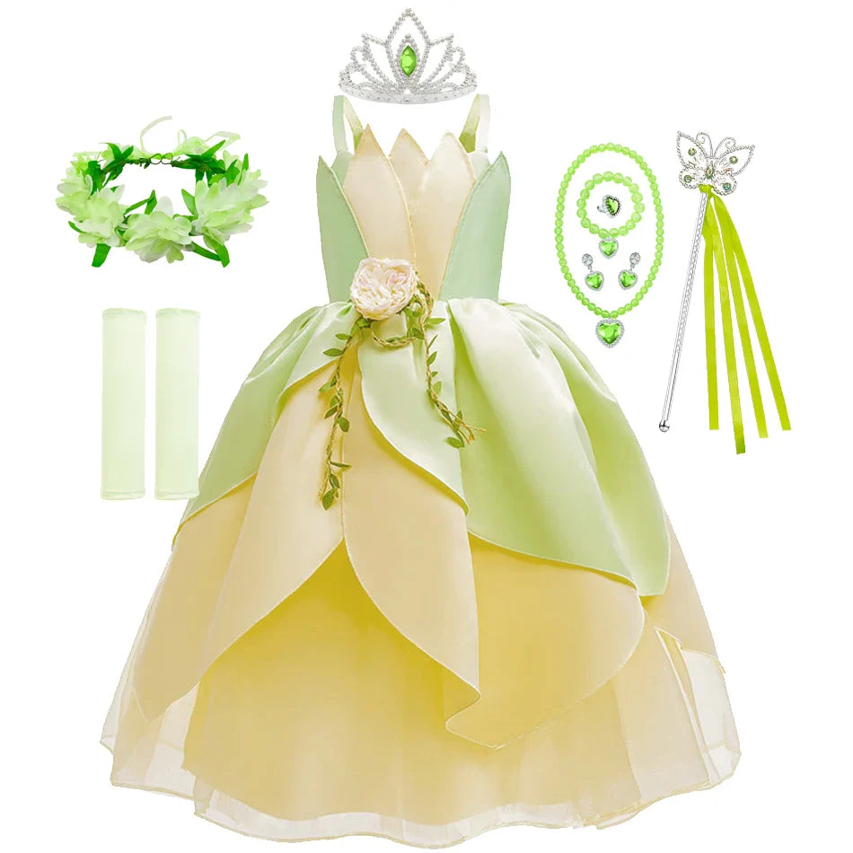 Kids Girl Tiana Dress for Girls Birthday Party Halloween Ball Gowns Evening Birthday Fancy Layered Costume Floral Fairy Clothing