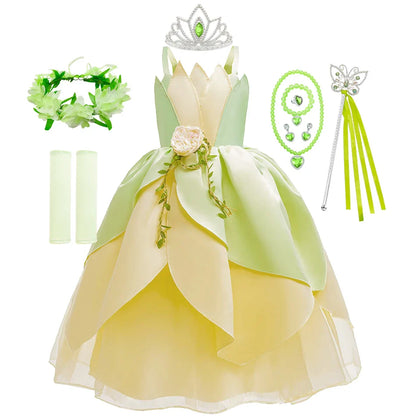 Kids Girl Tiana Dress for Girls Birthday Party Halloween Ball Gowns Evening Birthday Fancy Layered Costume Floral Fairy Clothing
