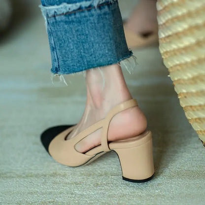 Summer Fashion Color Blocked Flat Bottom Coarse Heel Women's Sandals New Small Fragrant Style Shallow Mouth Low Tailored Shoes