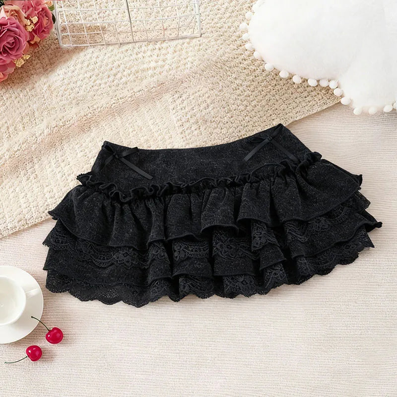 Sweet Cute Lace Fluffy Cake Skirt Korean Casual Elastic Low Waist Mini Skirt Y2K Women Clothing Summer Harajuku 2026