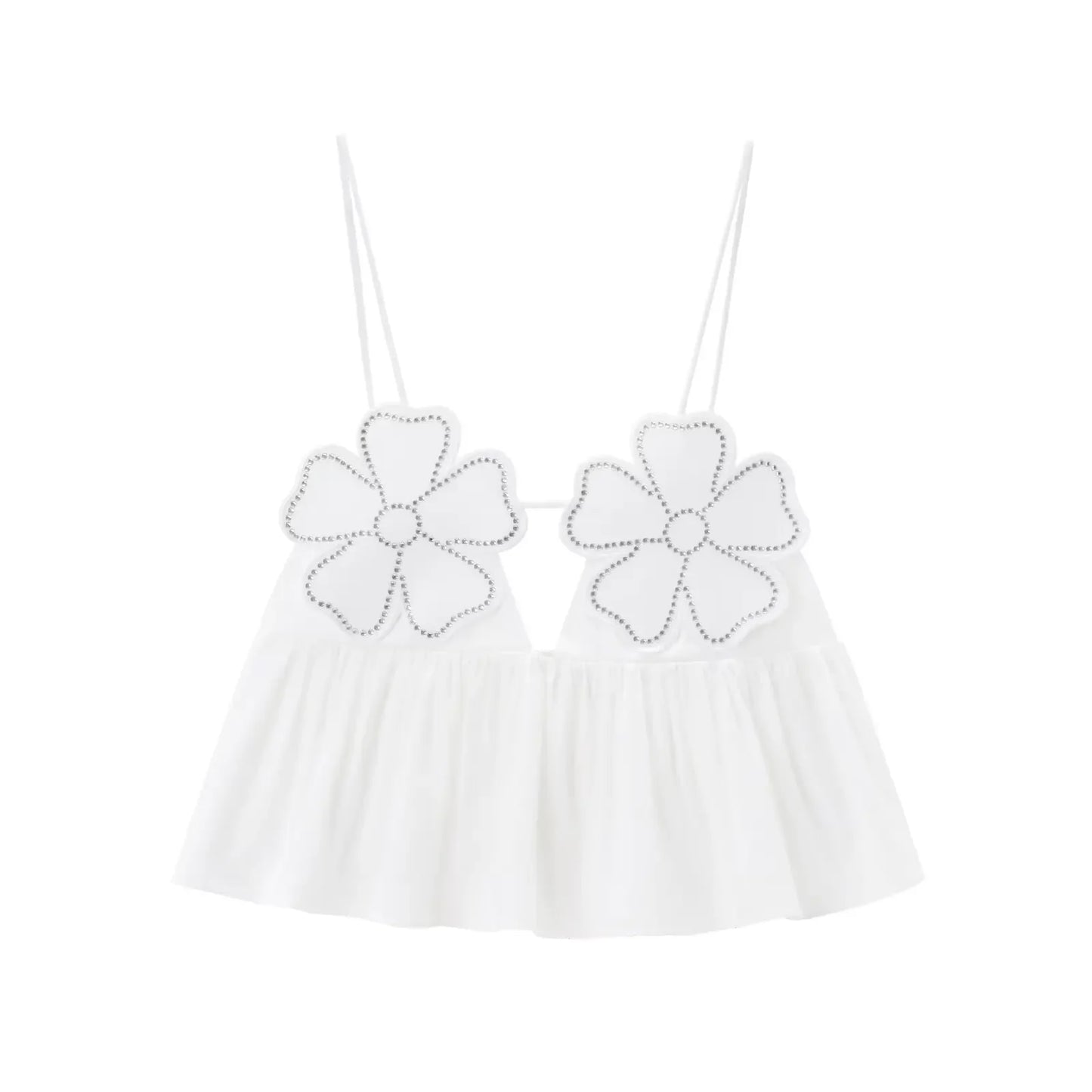 2025 Women Fashion  Rhinestone Floral Poplin Tank Tops Sexy Backless Tied Thin Straps Female Female Camis Top Mujer
