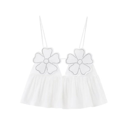 2025 Women Fashion  Rhinestone Floral Poplin Tank Tops Sexy Backless Tied Thin Straps Female Female Camis Top Mujer