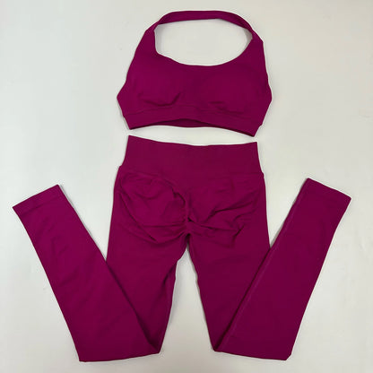 Yoga Leggings Set Women Seamless Yoga Set High Waist Scrunch Butt Legging With Halter Sports Bra Workout Gym Suit