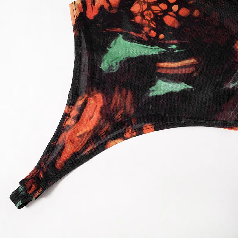 Tie Dye Sexy Bodysuit Lingerie Long Sleeve Corset Top Women One-Pieces Rave Outfit Bodycon Lenceria Femenina See Through Bustier