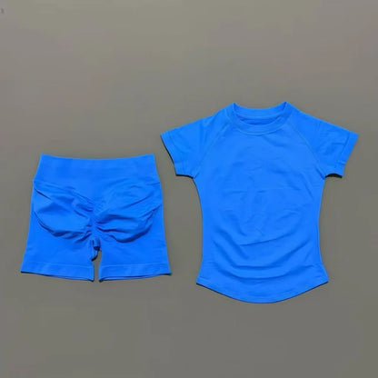 2 Piece Gym Sets Women Seamless Short Sleeve Top Butt Lifting Shorts Workout Fitness Running Sports Yoga Tracksuit
