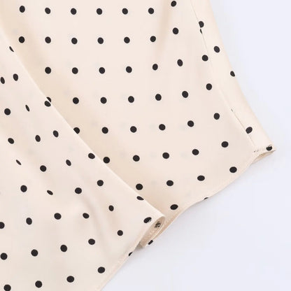 Elegant Women's Polka Dot Satin Midi Skirt High Waist Asymmetrical Hem Flowy Slip Skirt